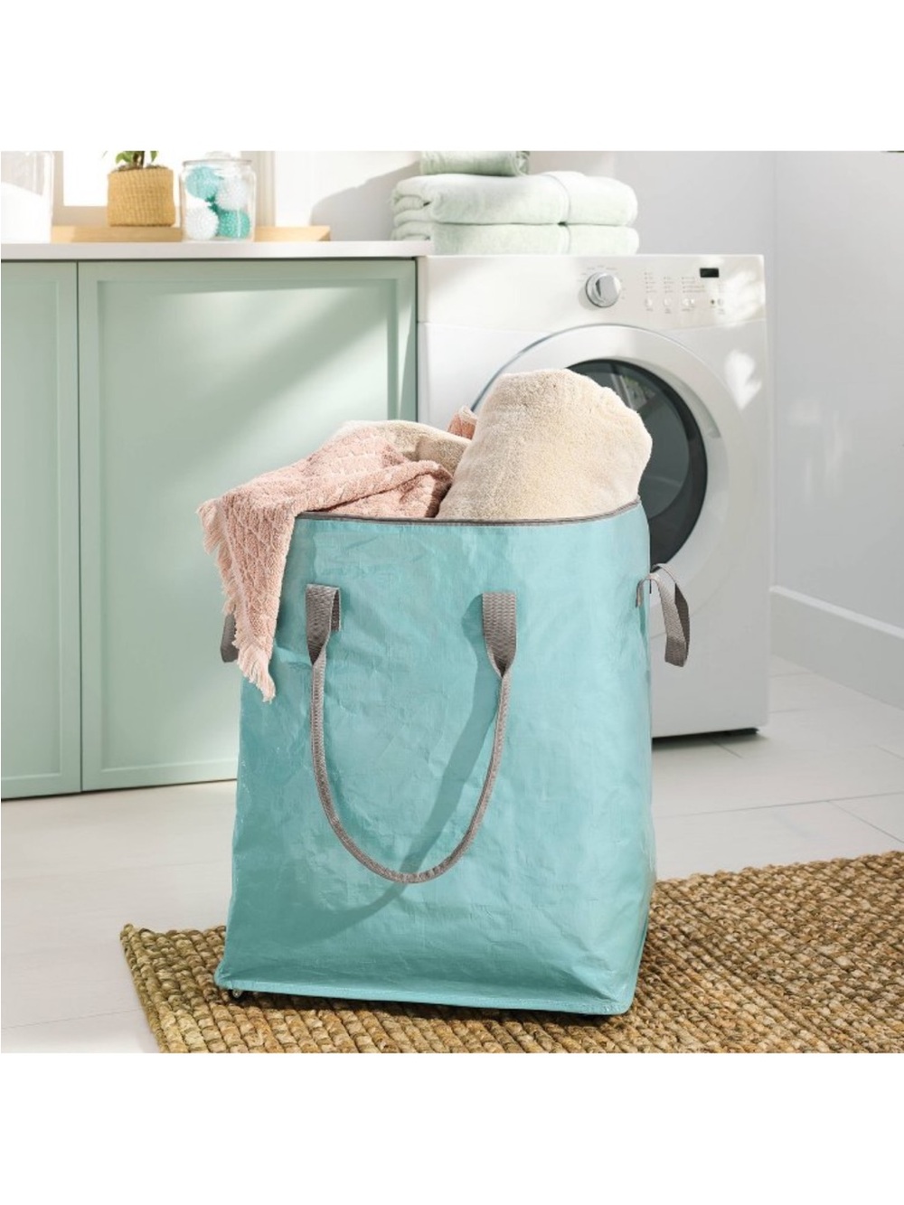 Brightroom Pewter Aqua Blue Storage Bag Collapsible Wheels Rolling Tote NWT